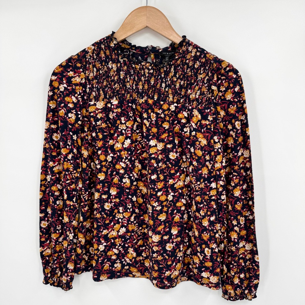 Lucky Brand Navy Yellow‎ Floral Smocked Long Sleeve Cotton Blouse Womens S